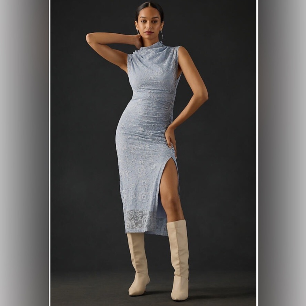 NWT Anthropologie The Maya Ruched Cowl-Neck Lace Dress | Blue | Size XL